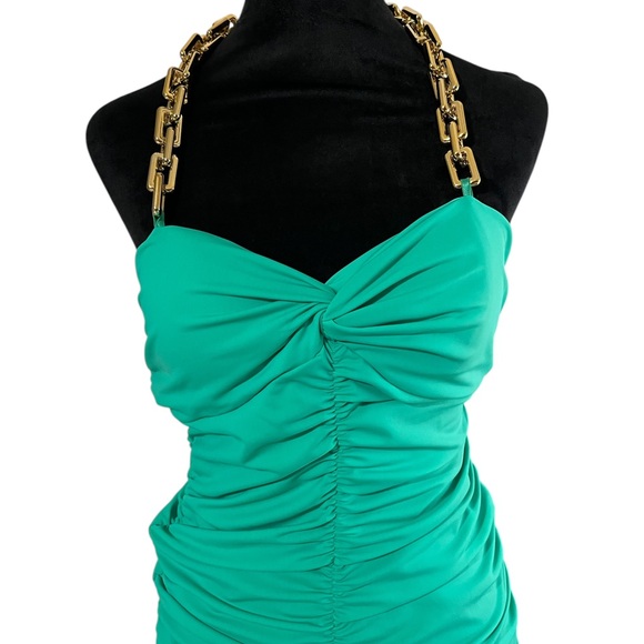 Green Ruched Dress with Gold Chain halter Straps, Large,New - Picture 2 of 6